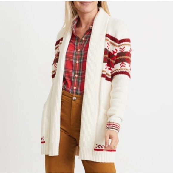Marine Layer Sweaters - MARINE LAYER Brooklyn Printed Shawl Collar Cardigan Cream/multi Red Open Front